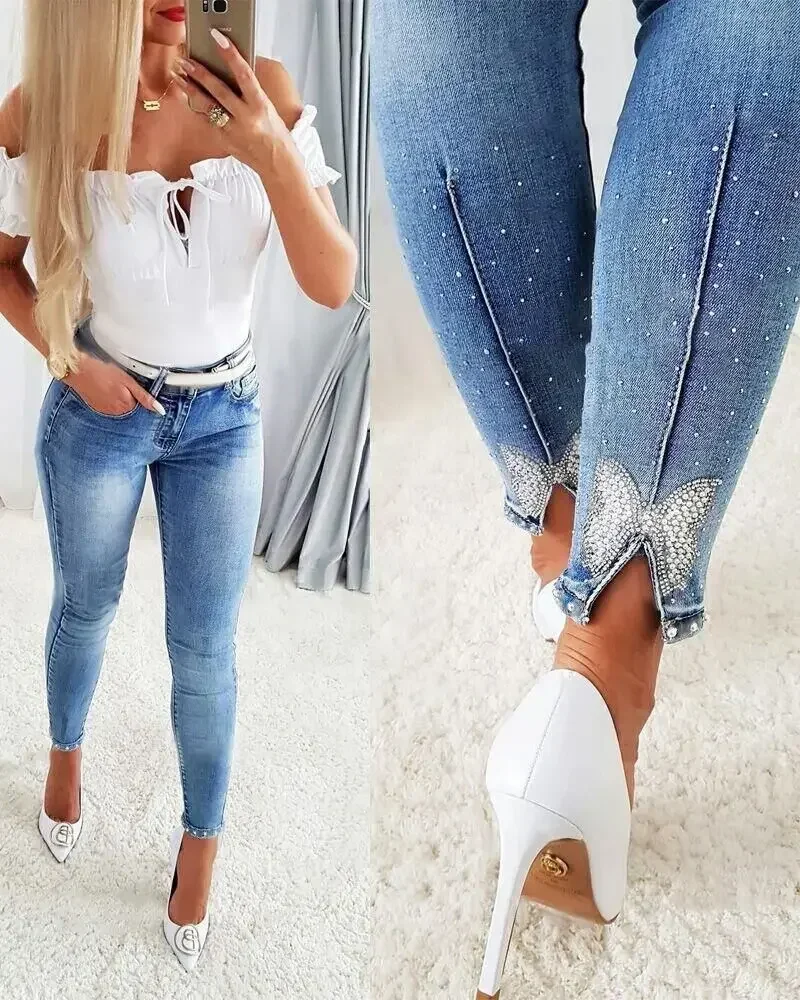 Women Jeans Washing Denim Pencil Mom Pants Butterfly Sheath Diamonds Pockets High Street Zipper Fly Spring Flat Y2k Streetwear