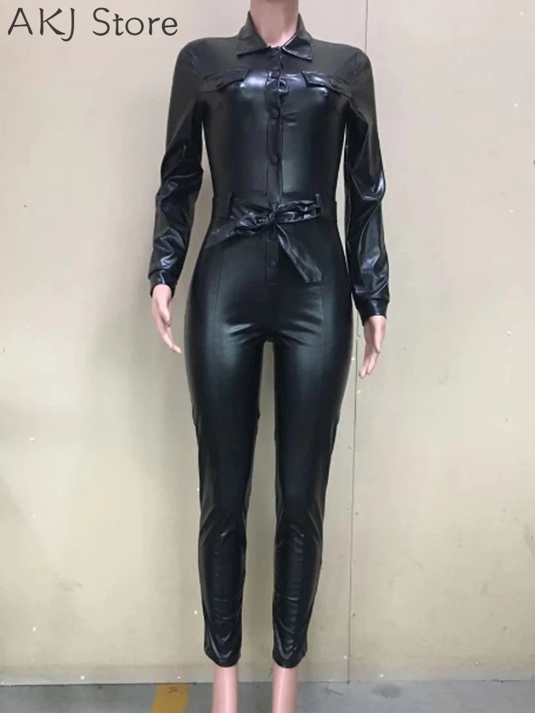 Sexy Black PU Faux Leather Jumpsuit Women Club Wear One Piece Rompers Long Sleeve Bodycon Jumpsuits