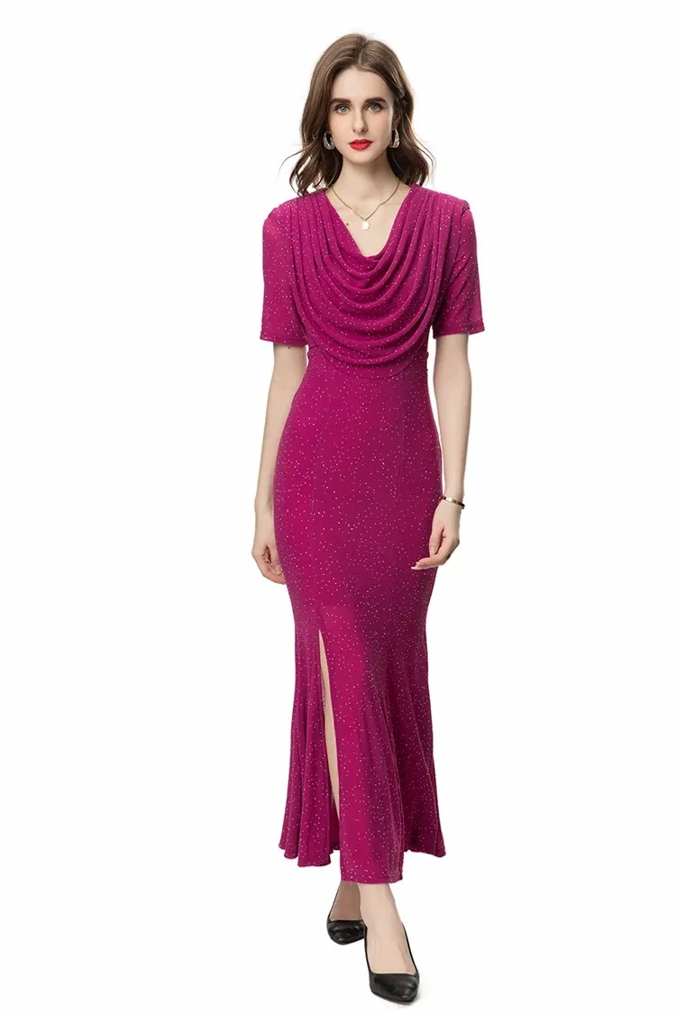 Summer High Quality New Arrivals Women Dress Elegant Sexy Solid Sequins Hollow Out Sashes Trumpet Ankle-Length Dresses