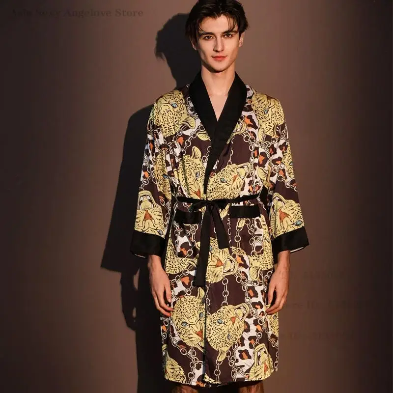 Men's Satin Printed Robe Male New Sleepwear Kimono Bathrobe Gown Yukata Loungewear Casual Homewear Long Sleeve Nightgown Pyjama