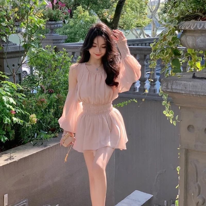 Mini Dresses Women Summer Off Shoulder Puff Long Sleeve Chiffon Ruched Elegant Dress Set Fashion Lace Up Sweet Vestido Y2k