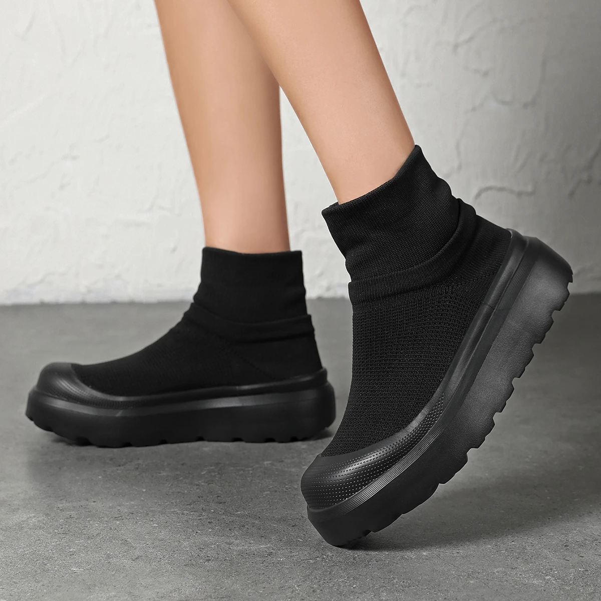 Women's Platform Sock Boots Black Knit Slip-On Chunky Sneakers Casual Stretch Ankle Shoes view 5