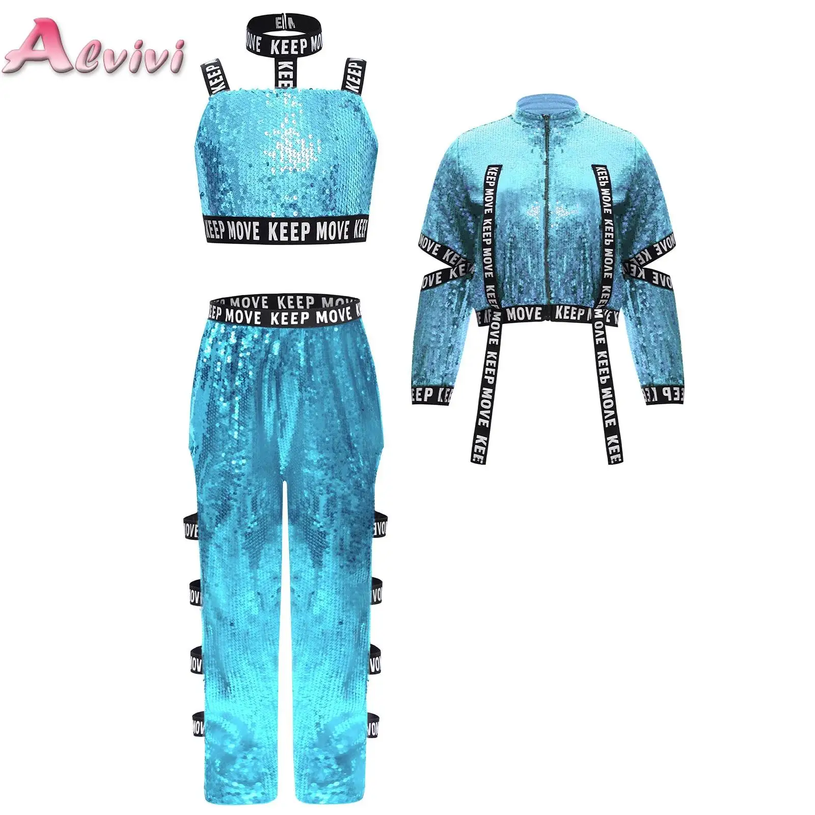 

Kids Girls Jazz Dance Outfits 3 Pieces Shiny Sequins Performance Dancewear Sets Vest with Pants And Jacket Childs Party Costumes