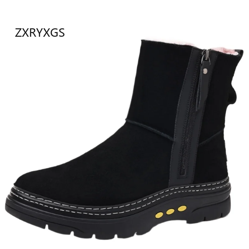 

ZXRYXGS 2025 Winter Frosted Cowhide Wool Boots Snow Boots Flat Soft Sole Non-slip Big Size Shoes Warm Outdoor in-tube Men Boots