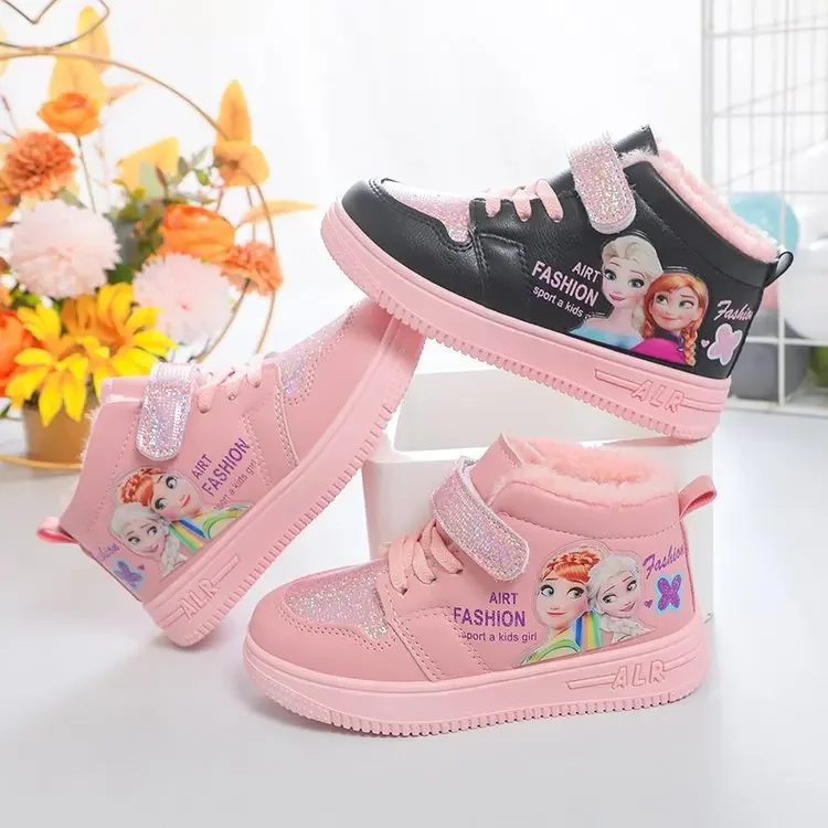 Disney-zapatos informales para niños, zapatillas deportivas de Frozen, Elsa, Anna, zapatos de algodón de felpa cálidos, zapatillas de deporte para