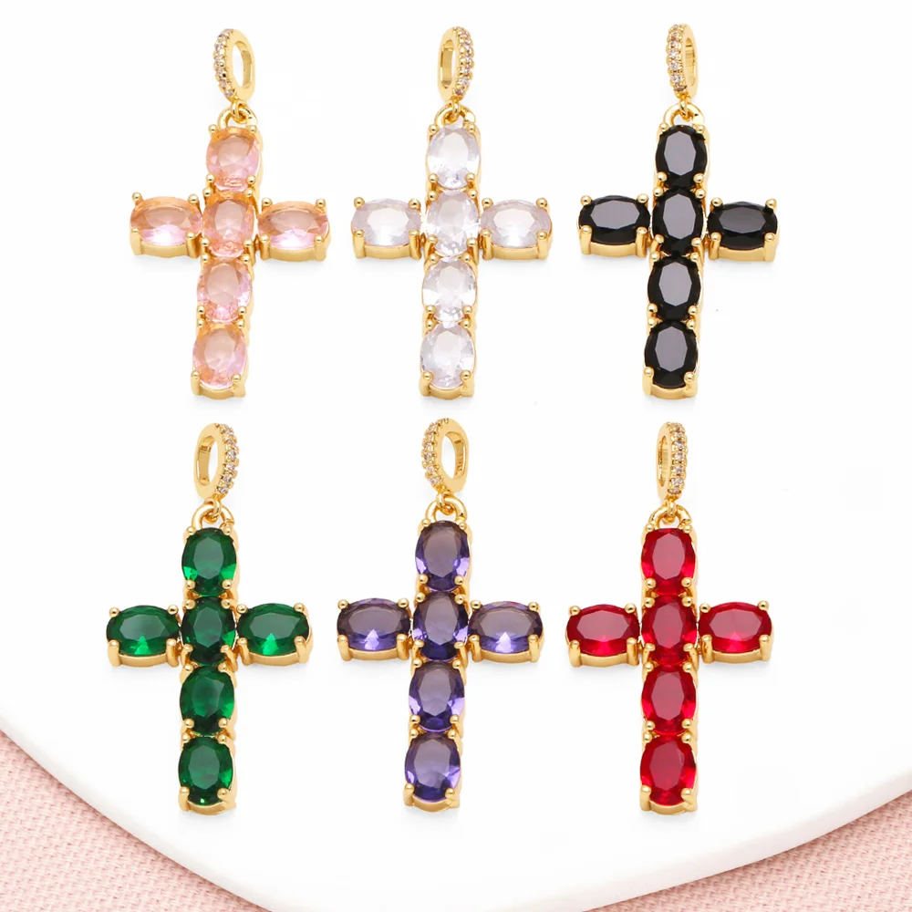 OCESRIO Colorful Oval Crystal Big Cross Pendant for Necklaces Copper Gold Plated Crucifix Jewelry Making Supplies pdtb733