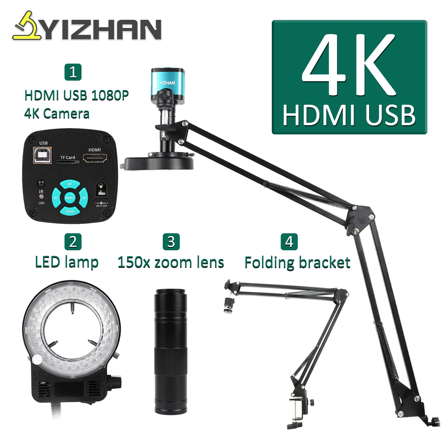 Conjunto de Microscópio Digital Eletrônico para Solda 4k 1080p Hdmi Vga Usb Câmera Industrial Lente 150x Suporte Dobrável Remoto