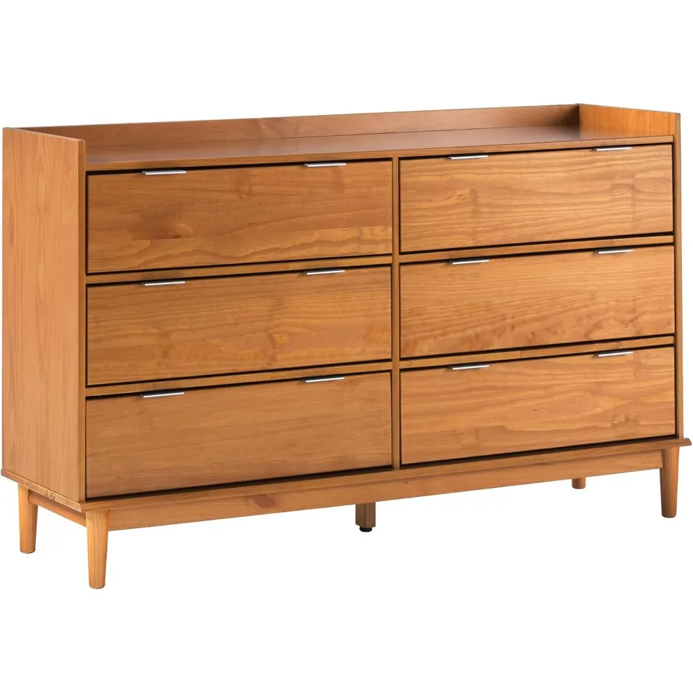 Modern Solid Wood 6-Drawer Dresser with Gallery-Top 55 Inch Caramel