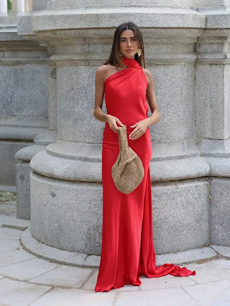 Elegant Ribbon Long Satin Party Dresses Women Halter Sleeveless Backless Female  Beach Dress  Summer Lady Solid Evening Gown