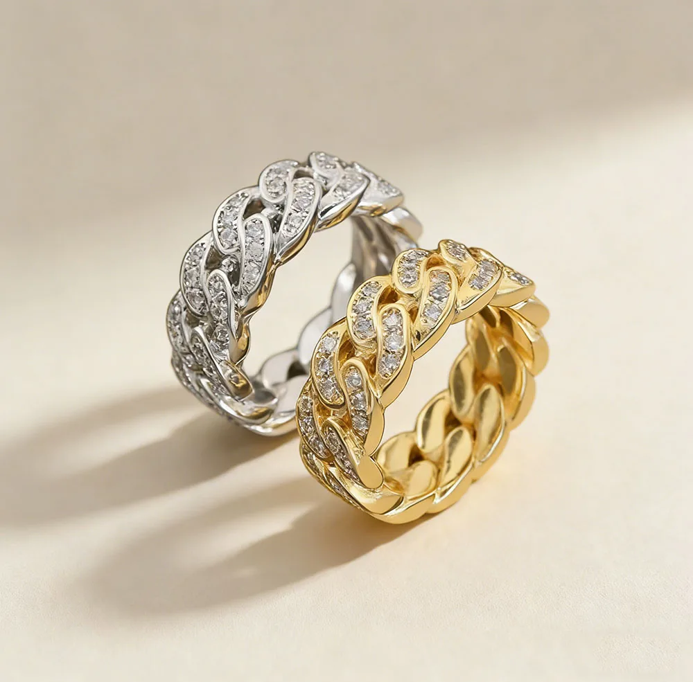 

NY Hip Hop Fashion Single Row Cuban Ring 18k Gold Plated Brass Inlaid 5A Zircon Shining Exquisite Men's and Women's Styles
