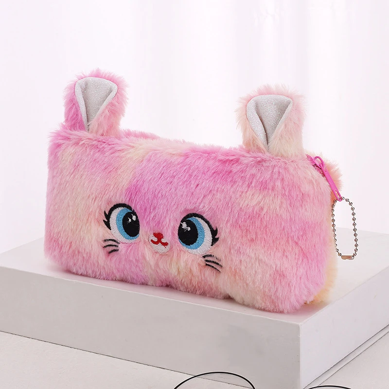 Kawaii Cartoon Cute Cat Plush Pouch Pencil Case Zipper Fluffy Large Capacity Pen Bag School Stationery Cosmetics Storage Bag