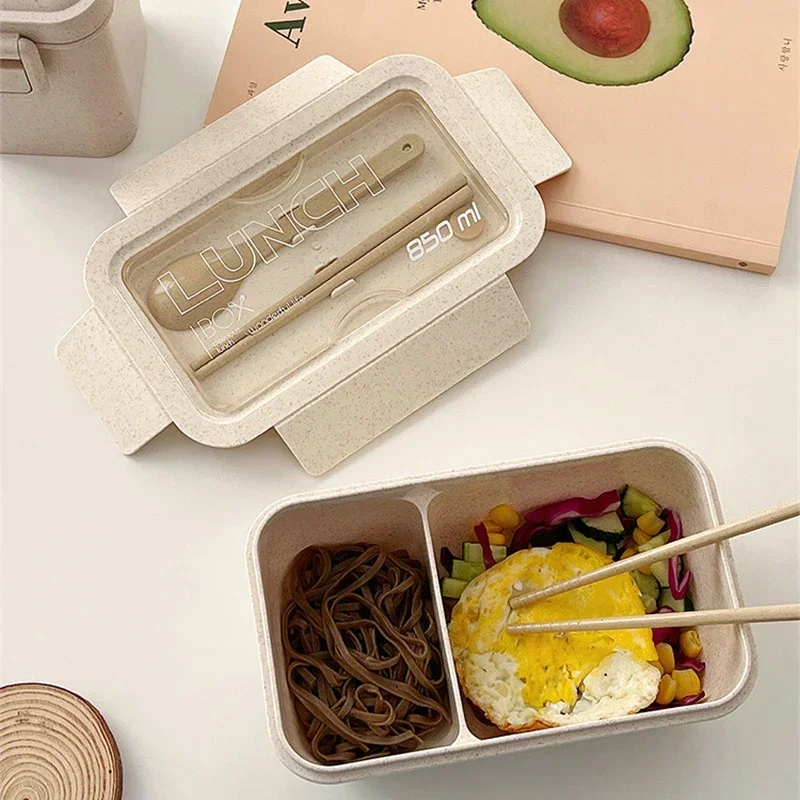 1100ml Wheat Straw Lunch Box for Kids School Adults Office Portable Food Storage Container Bento Box with Spoon Chopsticks