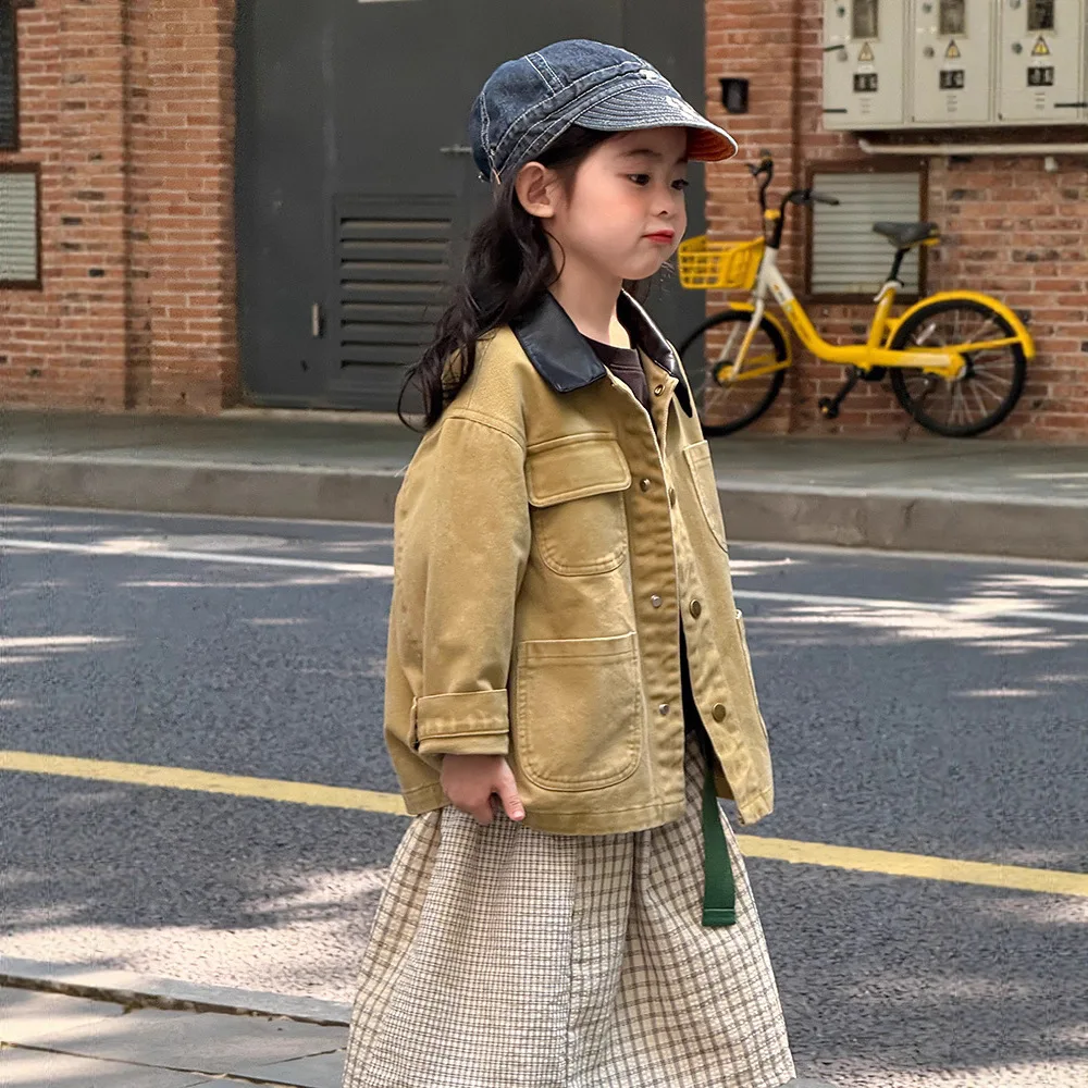 

2025 Autumn New Girls' Patchwork Wash Multi-Pocket Handsome Cargo Denim Jacket