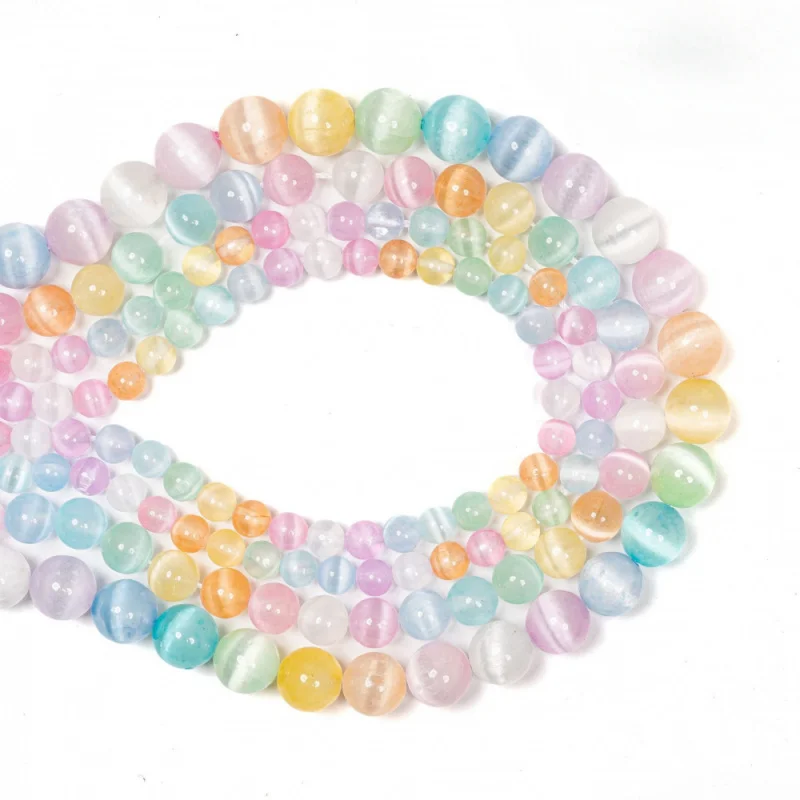 

DIY Handmade Beaded Natural Colored Gypsum Stone 6/8mm Round Bead Cat's Eye Stone Jewelry Making