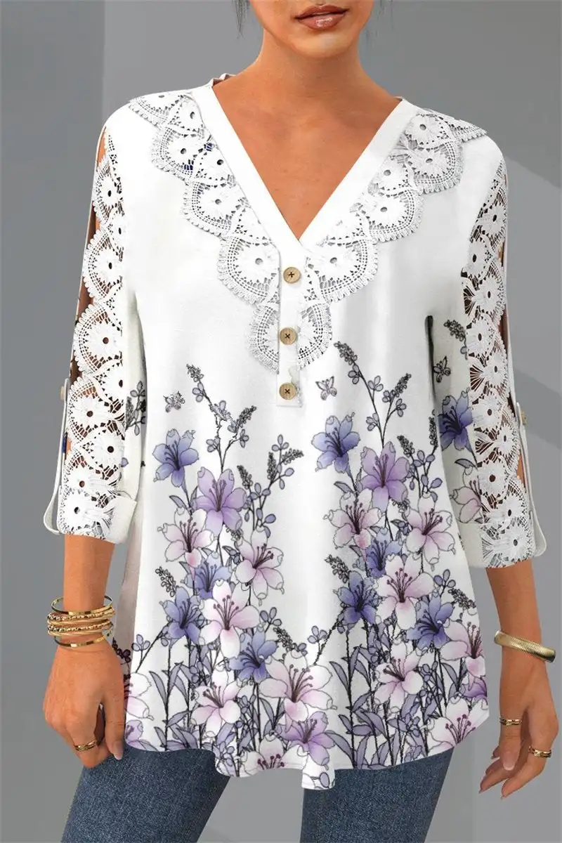 Plus Size Casual Lace Patchwork Floral Print 3/4 Sleeve Blouse V Neck Top for Women 2025