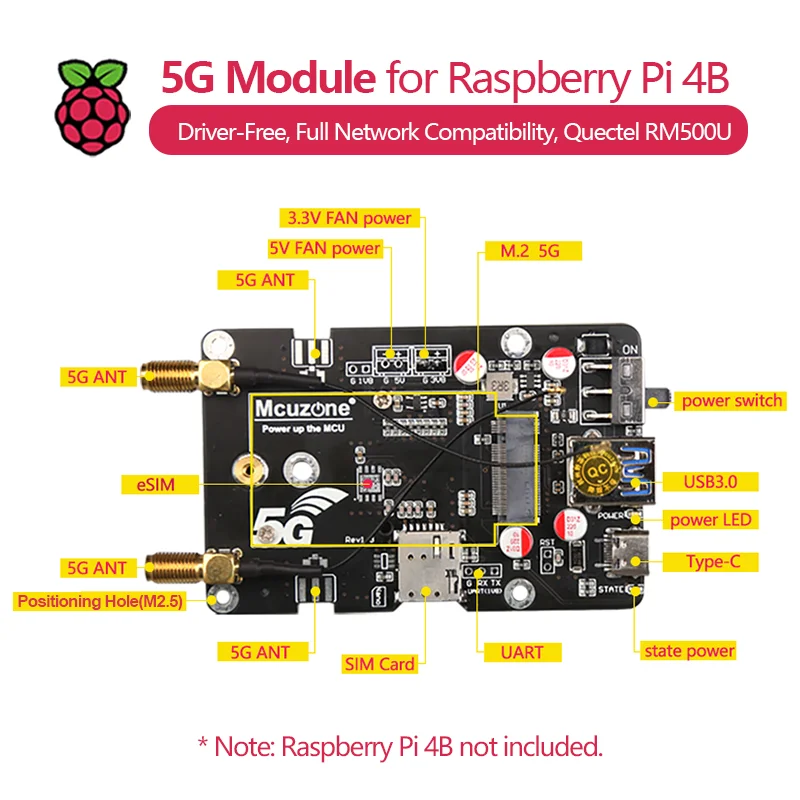 وحدة 5G لـ Raspberry Pi 4B، بدون سائق، شبكة كاملة، RNDIS، X55، UniSOC، Fibocom، RM500U، SSH، OpenWrt، Ubuntu، CentOS