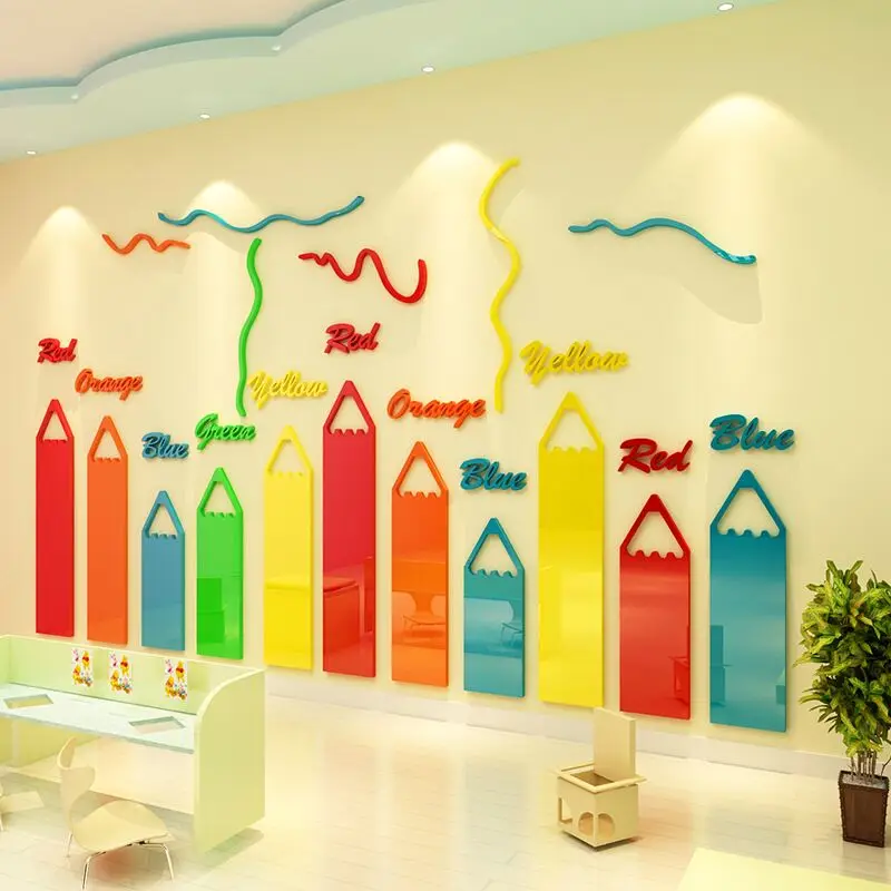 3D Cartoon Acrylic Wall Stickers, Colored Pencils, Kids Room, Living Room, Kindergarten, DIY Art, Home Decor