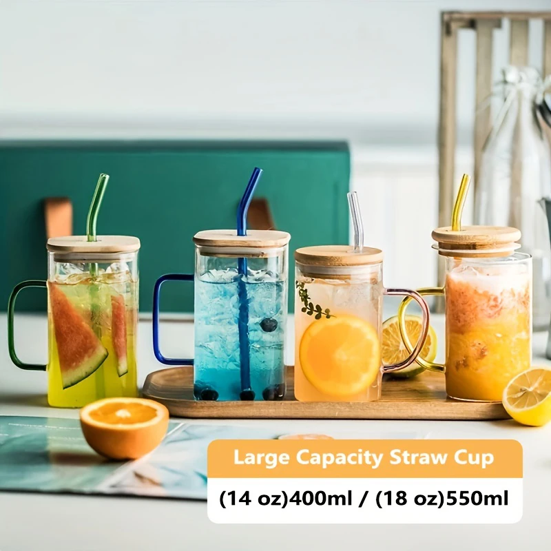 600ML/400ML Square Round Mug With Lid And Straw Monochrome Handle Layered High Borosilicate Glass Iced Coffee Milk Bubble Tea