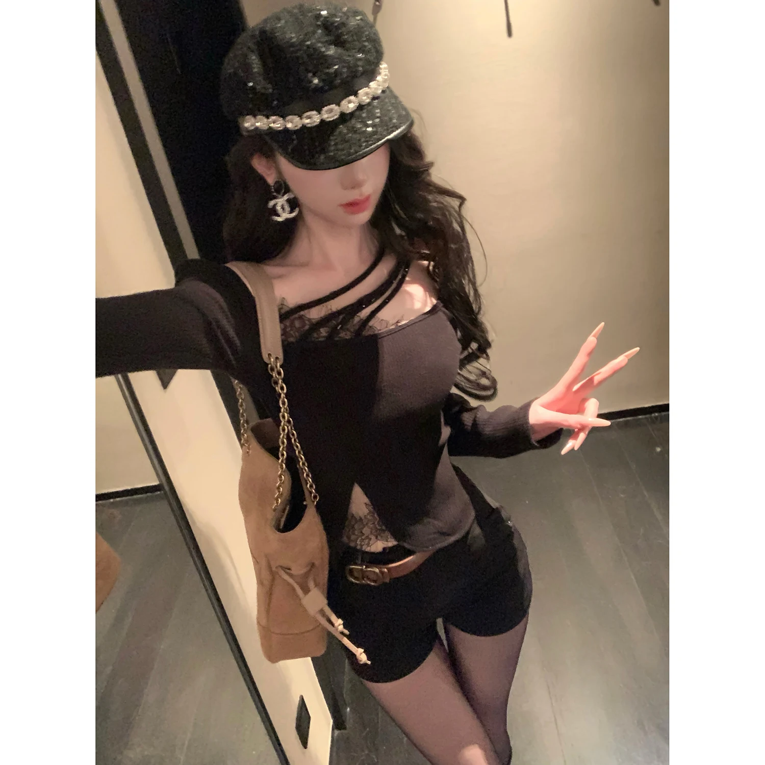 

Syqiao Women's Slim Fit Long Sleeve Black Lace Base Layer Top Sexy Style Knitted Sweater Soft Comfortable Daily Wear