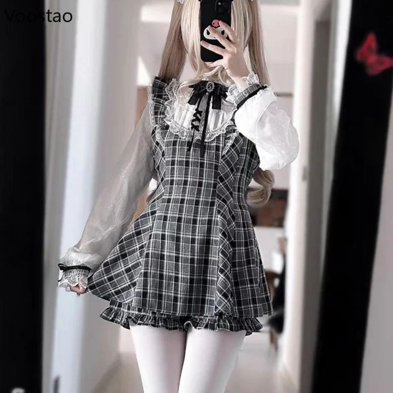 Japanese Gothic Lolita Style Rhinestone Bow Dress Shorts Set Women Sweet Plaid Shirt Dresses Y2 Aesthetics Party Slim Mini Dress