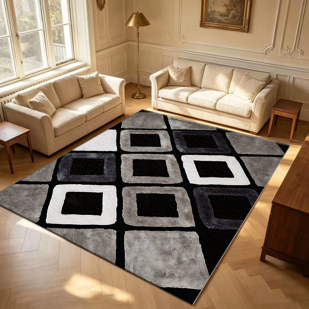 Black Grey White Hollow Square Geometric Carpet Flooring Contemporary Art Home Decor Large Area Rug for Living Room