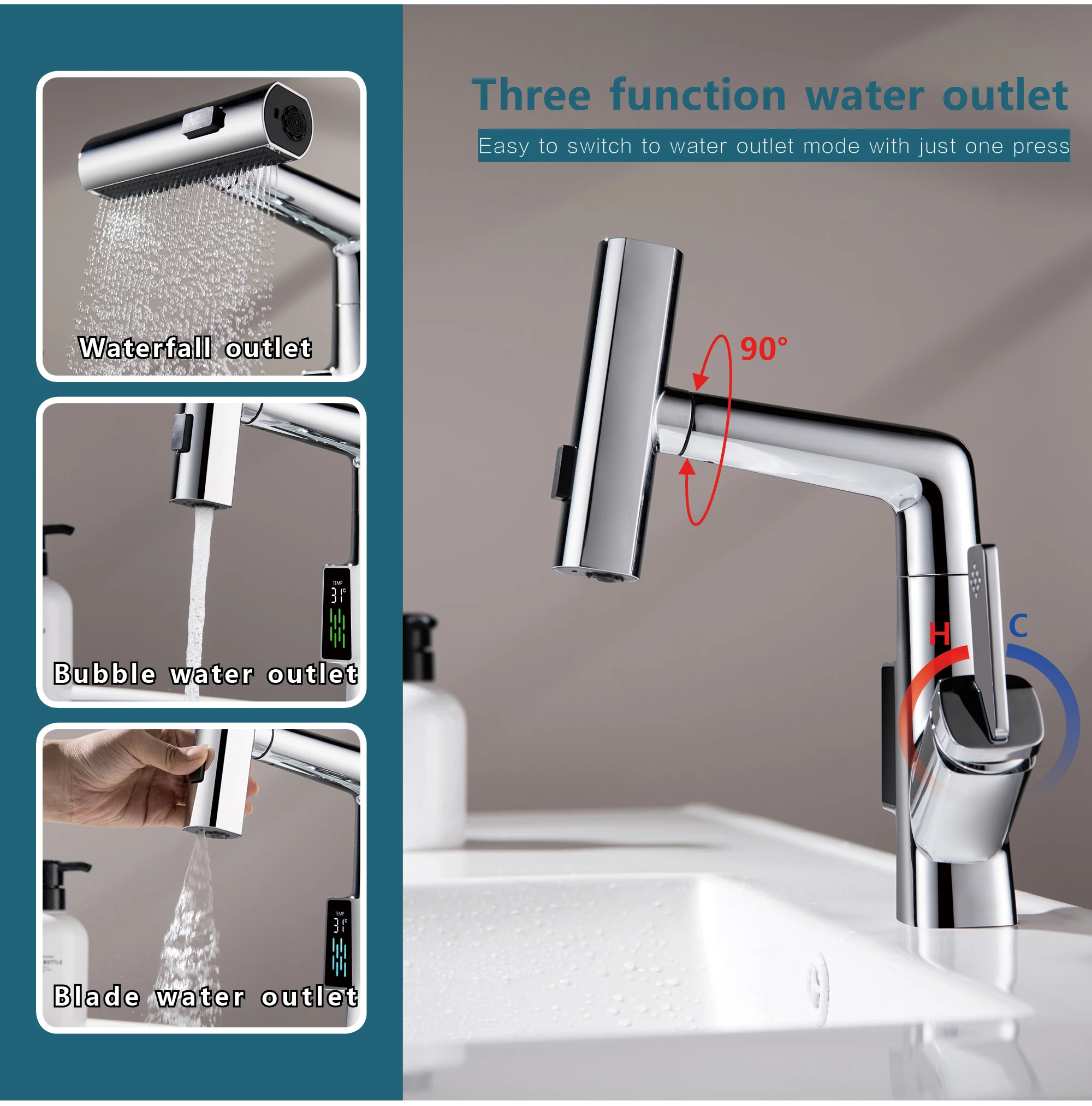 

Boonion brass basin mixer LED digital display temperature pull-out multifunctional rotatable swing cold and hot hybrid