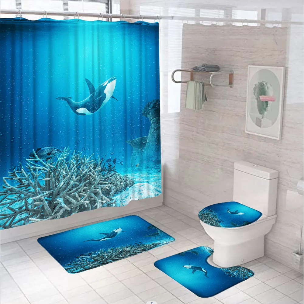 

Whale Shower Curtain Sets Fish Sea Animal Blue Ocean Marine Life Nautical Bathroom Curtains Non-Slip Bath Mats Rug Toilet Cover