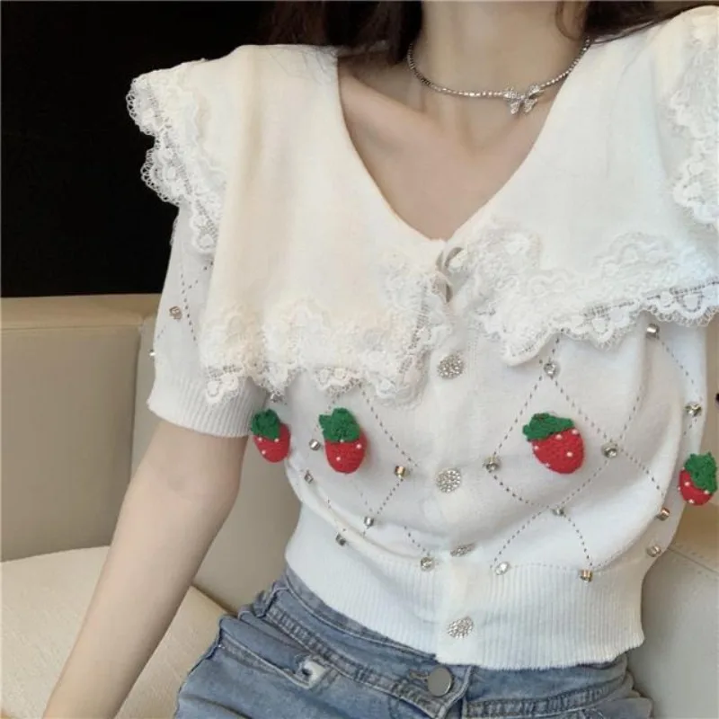 Blouse Knitwear Women's Summer Sweet Peter Pan Collar Lace Trim Strawberry Studs Short Sleeves Knit Cardigan New Versatile Chic view 4