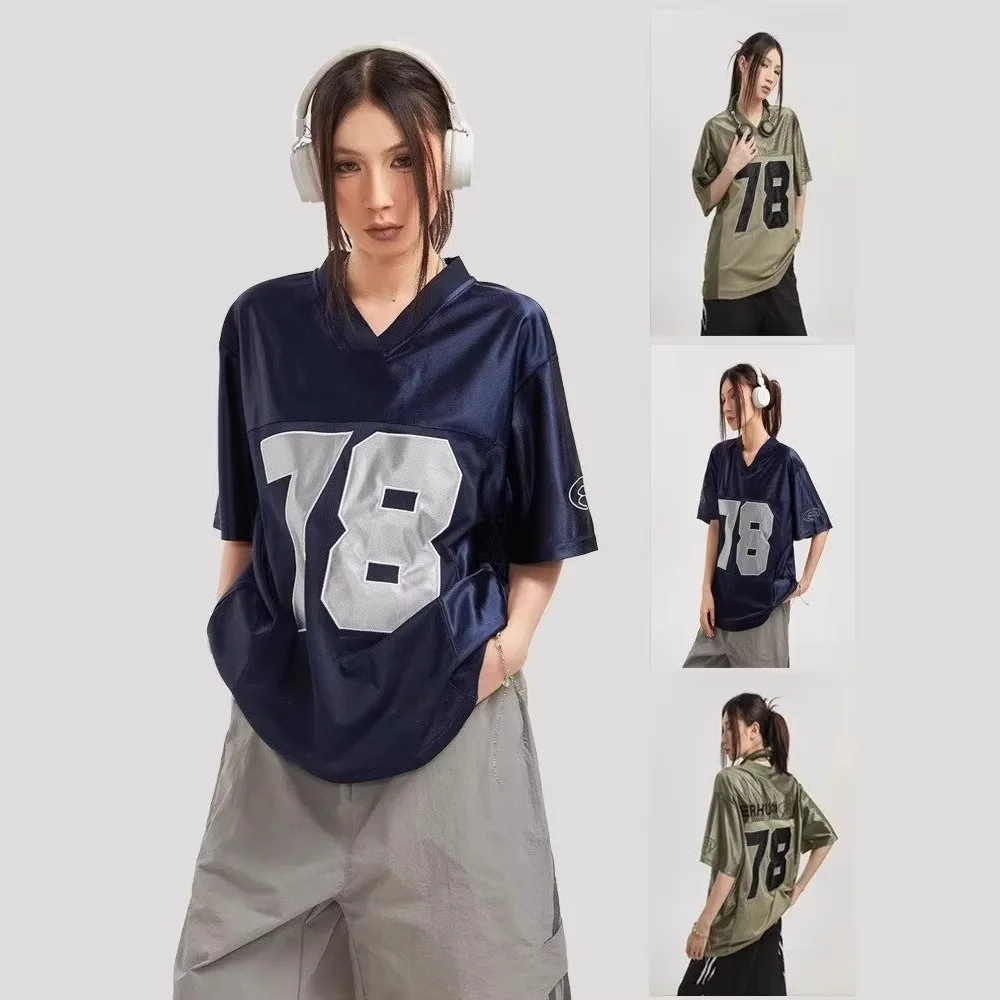 

Women's 2026 New V Neck Number Print Mesh Jersey Oversized Retro American Style Casual Breathable Sports Basketball T Shirt