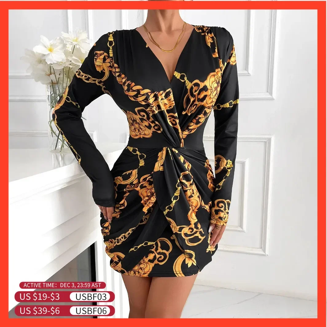 Cocktail Party Dress V Neck Short Gold Print Party Bodycon Dress Women Sexy Beading Evening Prom Dress Casual 2025 New Gowns