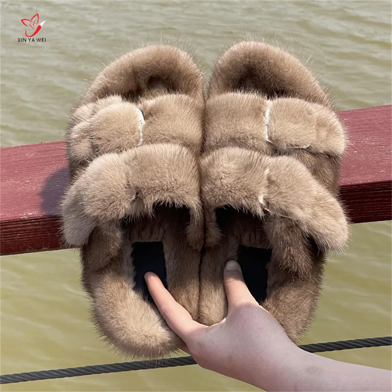 Mink Slippers European Stand Women\'s Real Mink Fur Slippers Fashion Ladies Furry Slippers Girls Flat Slippers Outside Shoes