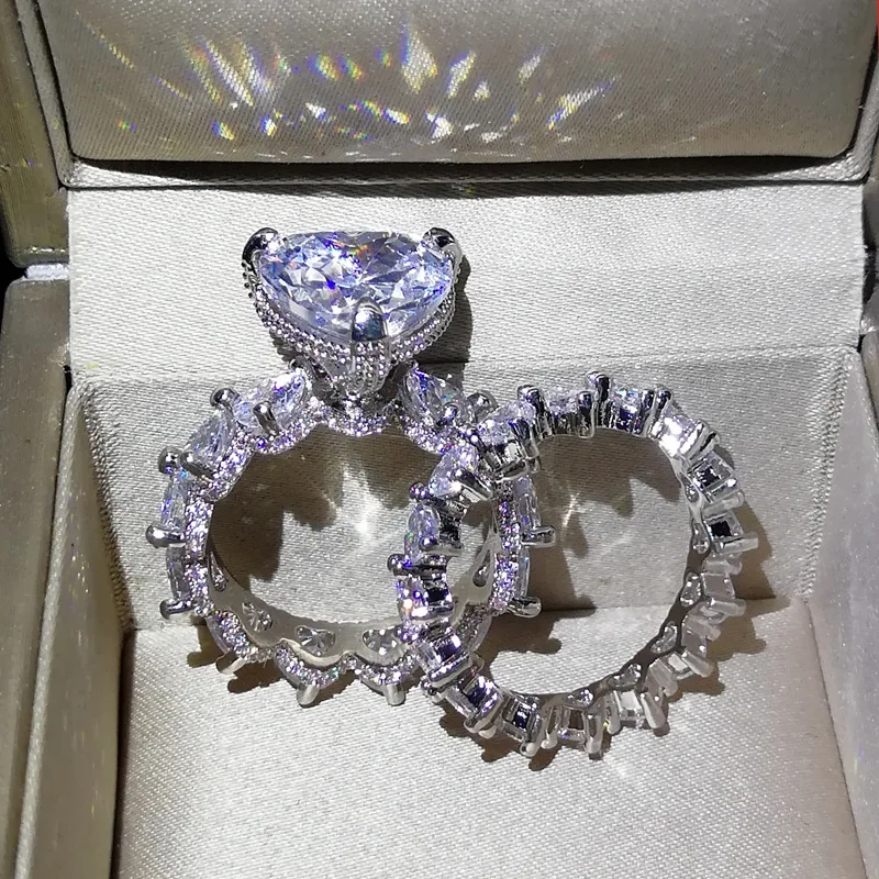 925 Sterling Silver Sparkling High-End Heart Full Diamond Women'S Ring Fashionable, Luxurious, Romantic Two-Piece Jewelry Set