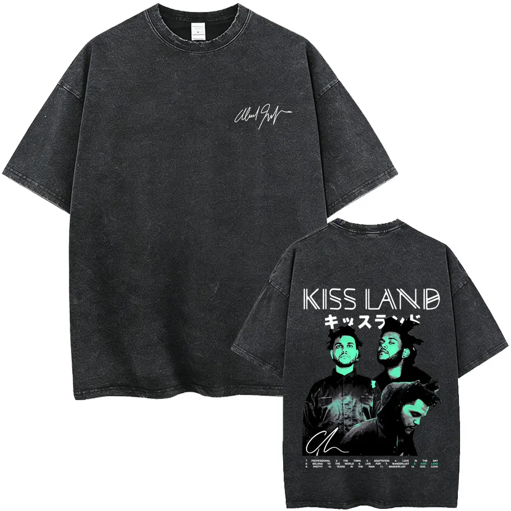 Washed Vintage Rapper The Weeknd Kiss Land Album Graphic T-shirt Men Women Hip Hop Fashion T-shirts Men's High Quality T Shirts