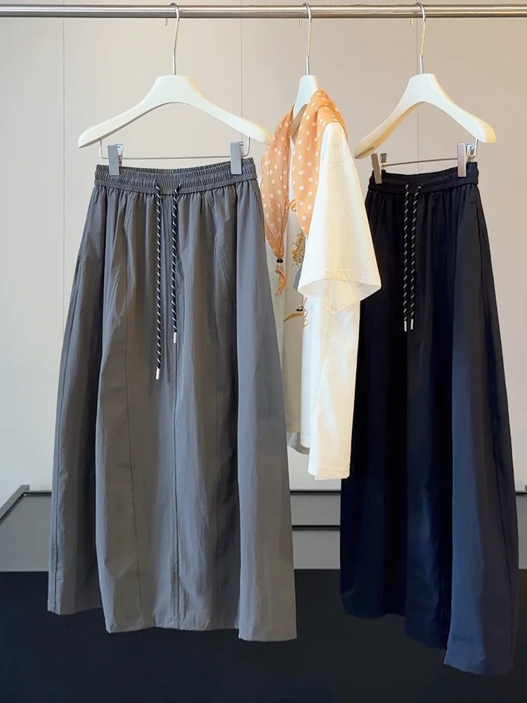 

Harajuku Navy Dark Grey Elastic Drawstring Solid Color Skirt Loose Crinkled Cotton Casual Skirts Women Korean Lazy Summer Bottom