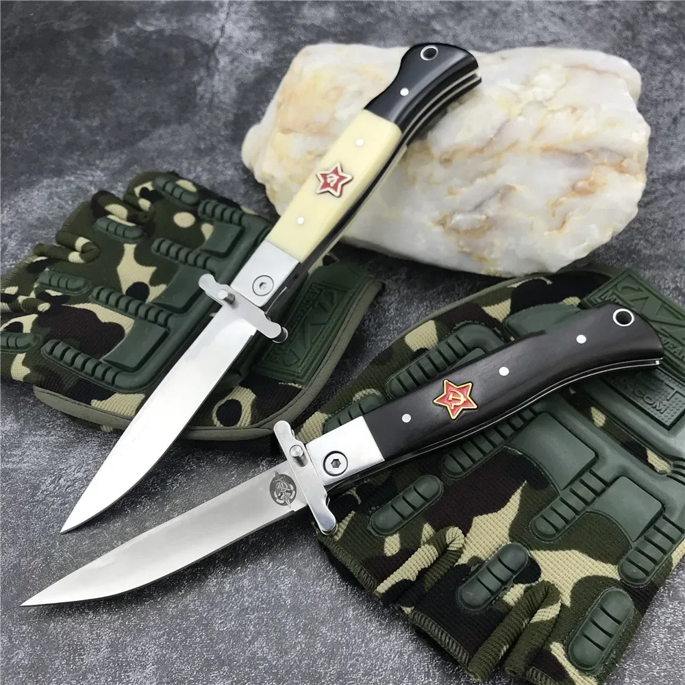 

Russian Finka NKVD KGB EDC Manual Folding Pocket Knife Ebony+Resin Handle 440C Blade Mirror Finish Outdoor Camping Hunting Tool