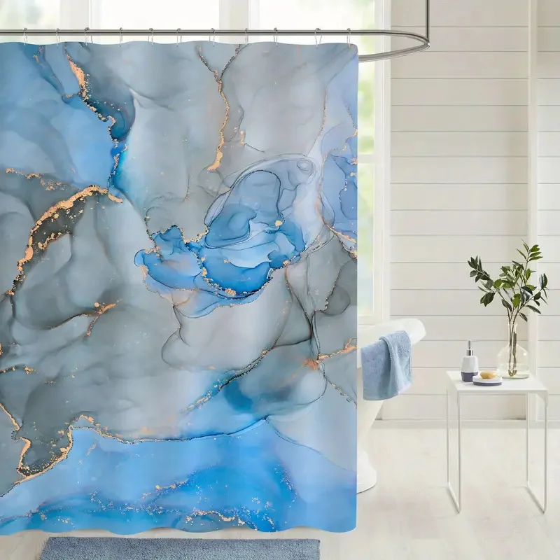 1PC colorful abstract marble shower curtain with plastic hook - modern abstract floral design, chic bathroom décor