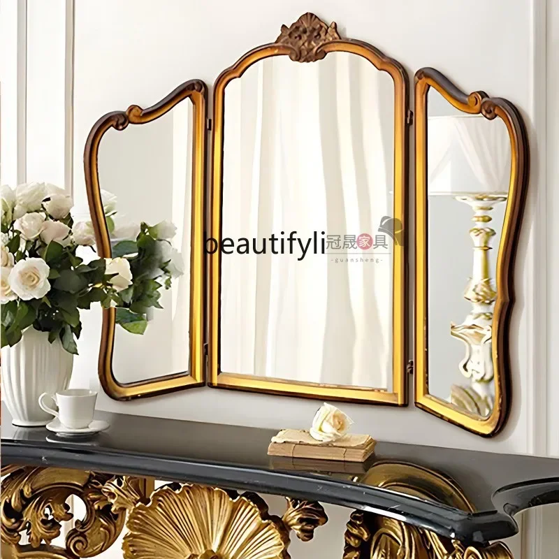 cqyEuropean retro dresser, makeup mirror, desktop tri-fold mirror, wall-mounted bedroom enigma mirror