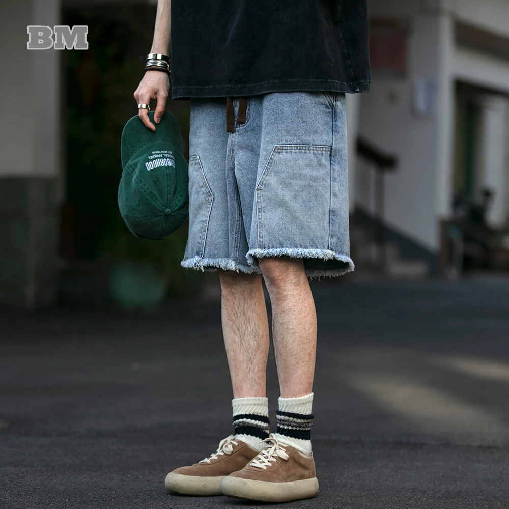 Summer American Streetwear Raw Edge Denim Shorts For Men Clothing Harajuku Casual Jeans Korean Fashion Hip Hop Shorts Male