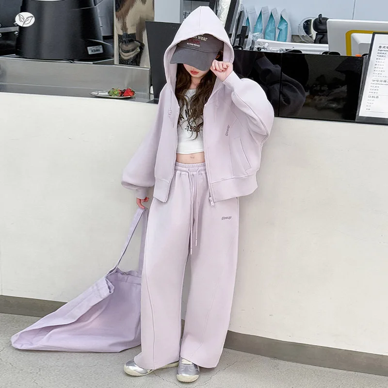 Girls Suit2026New autumn collection for older children: embroidered short hooded jacket and wide-leg pants two-piece set childre