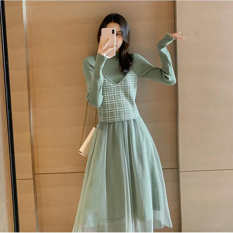 Autumn And Winter New Slim Knit Dress Women's Long-Sleeved Sweater Skirt Two-Piece Suit Fashion Joker Loose Long-Sleeved Skirt