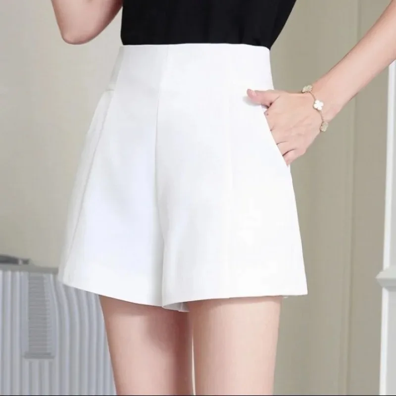 

Women Shorts Spring Summer Casual High Waist A-line Shorts Loose Wide Leg Chiffon Shorts Chic Lady Black White Suit