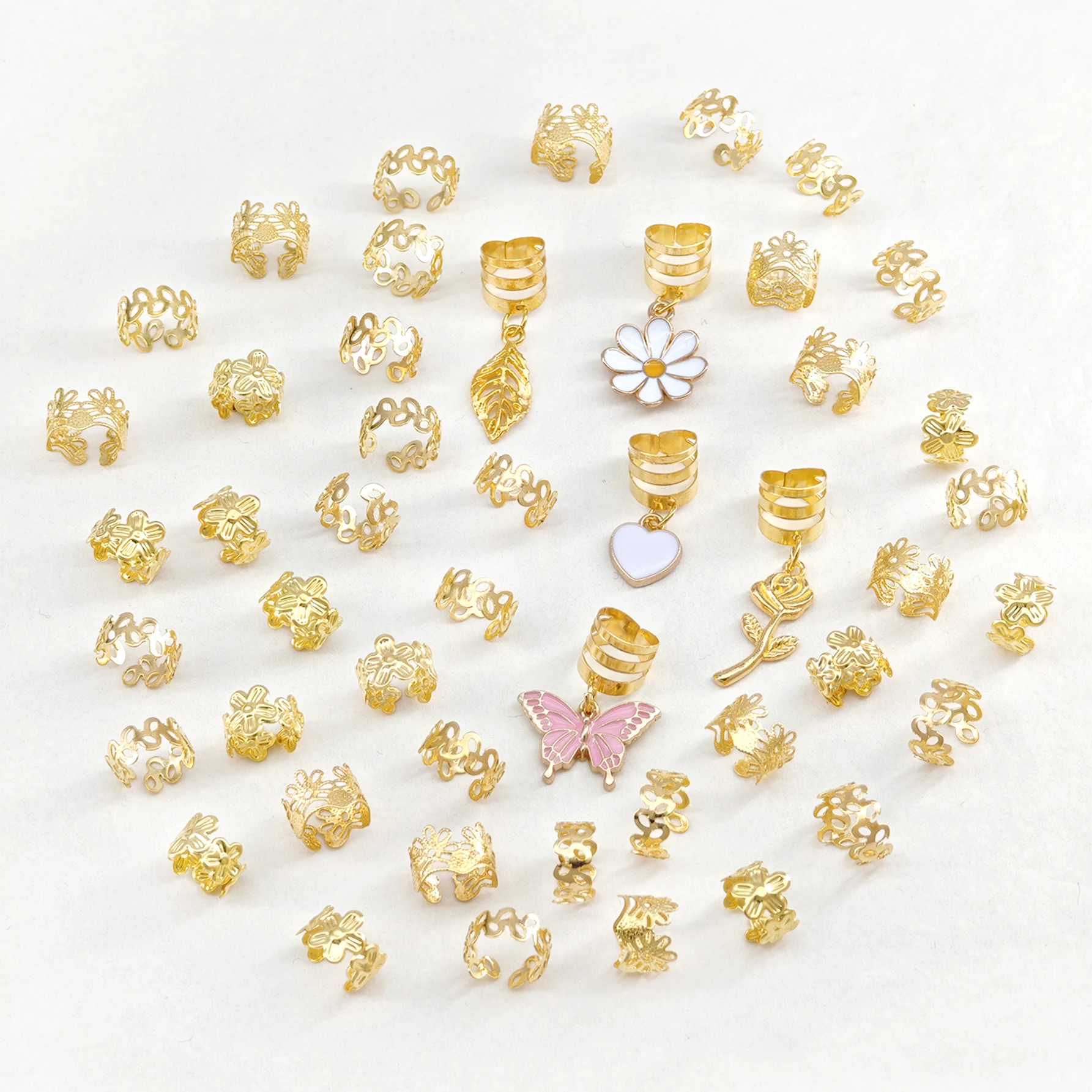 45pcs White Heart & Daisy Pink Butterfly Golden Leaf & Rose Hair Rings – Delicate Adjustable Cuffs, Sweet Bohemian Hair Jewelry - view 5