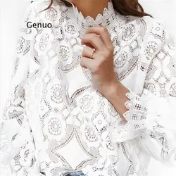 Women Lace Blouse New Fashion Long Sleeve Lace Up Floral Embroidery Shirts Hollow Out Sexy See Through Lace Top Mujer Blusas