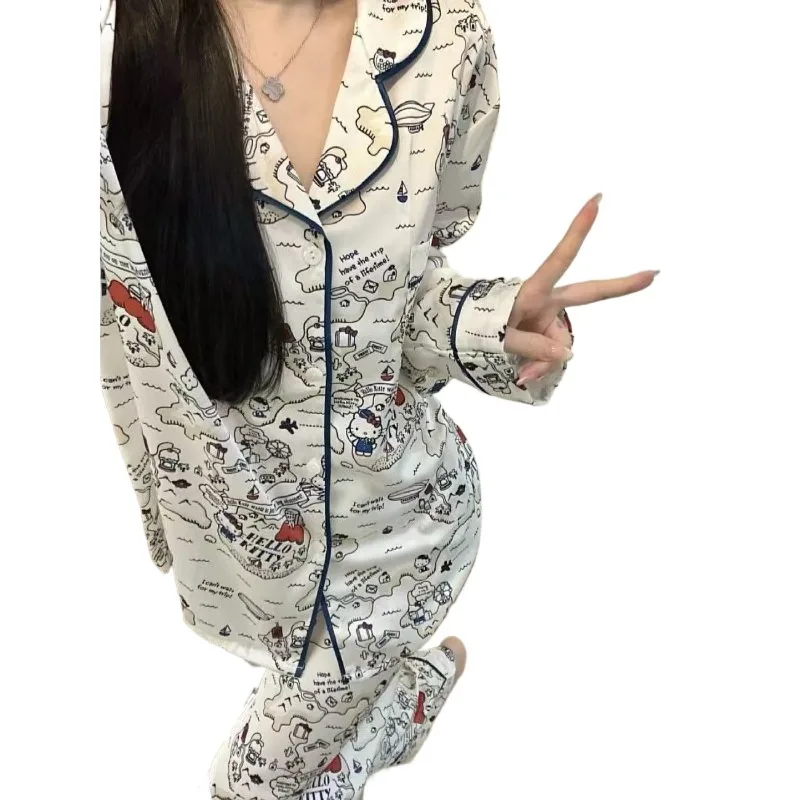 

Новый пижамный комплект для девочек Ice and Snow Kitty, шелковистая домашняя одежда с длинными рукавами и героями мультфильмов