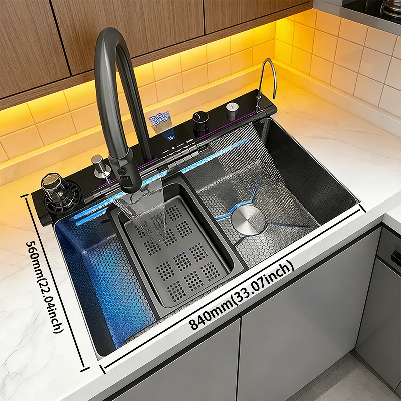 Stainless Steel Waterfall Kitchen Sink Multifunctional Single Bowl With Digital Display Large Washing Basin For Dishes