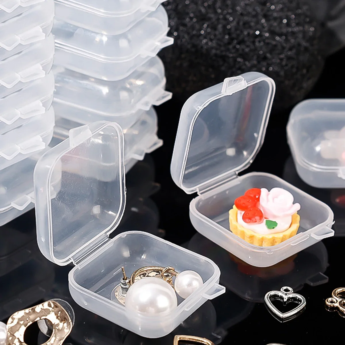 50PCS Mini Kunststoff Lagerung Box Transparent Schmuck Lagerung Box Container Tragbare Ohrring Ringe Ohrstöpsel Verpackung Lagerung Fall