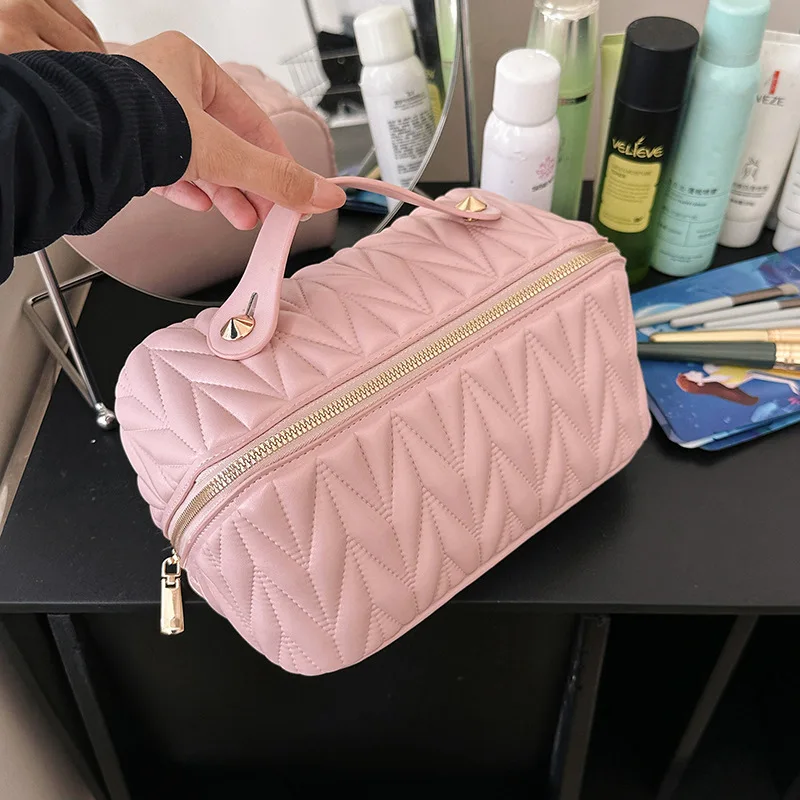 Bolsa cosmética de grande capacidade para mulheres, PU portátil, impermeável, bolsa de maquiagem para banheiro, estojo multifuncional