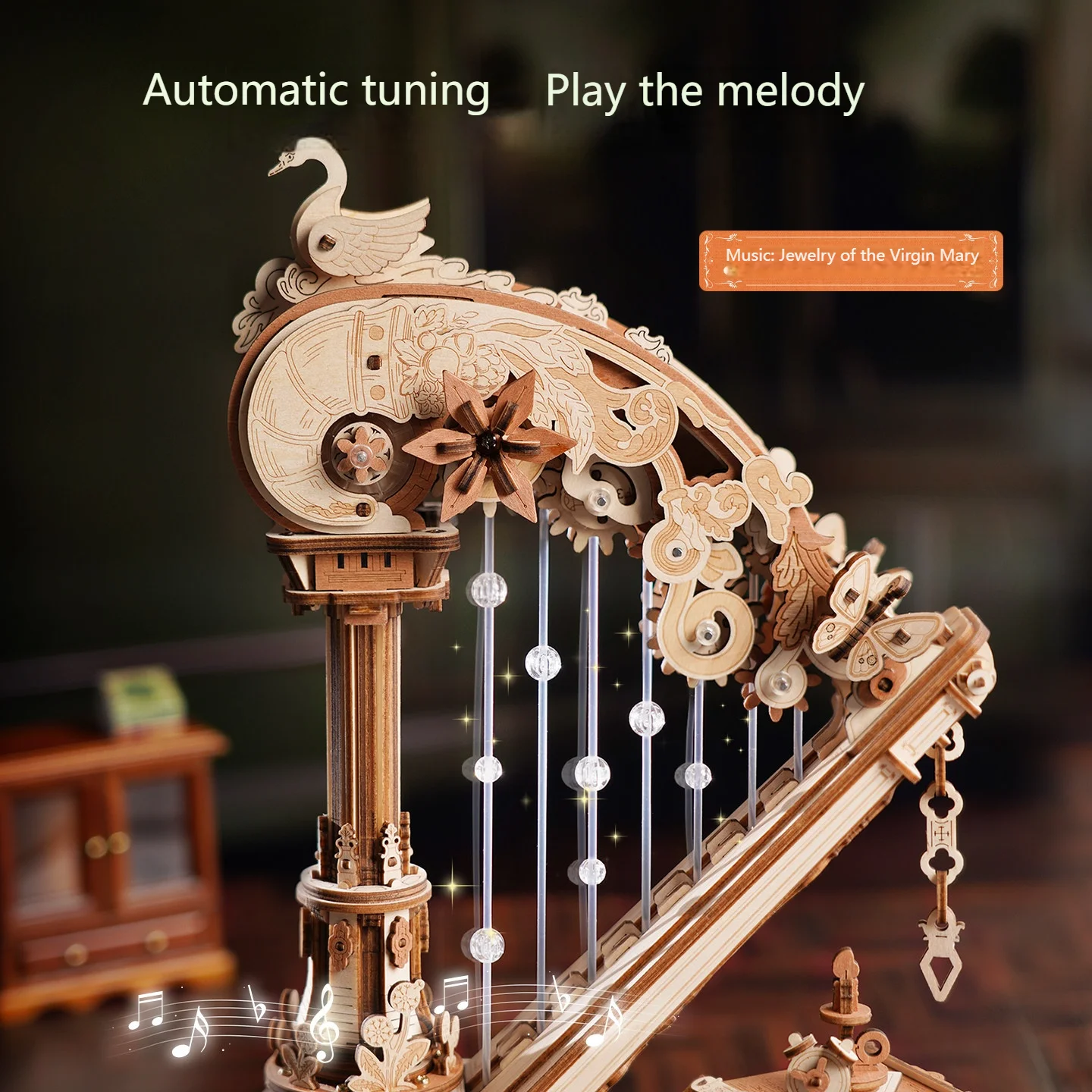 3D Wooden Puzzle Stringed Harp Music Box DIY Handmade Magic Cello Mechanical Music Box with Moveable Stem Creative Toy AMK71 view 3