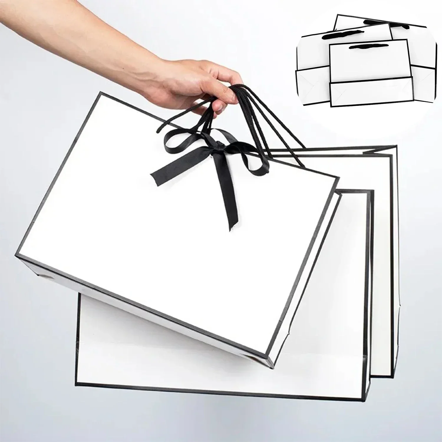 Luxury Upscale White Paper Cardboard Gift Bag Present Box with Black Ribbon Handle for Wedding Clothes Shoes Gift Box Handbag