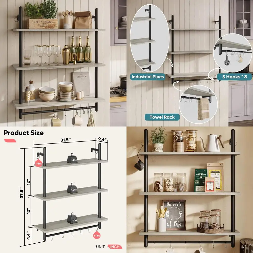 

Rustic Grey 3-Tier Wall Shelving with Towel Bar, Multi-Use for Home, Office, and Kitchen Storage